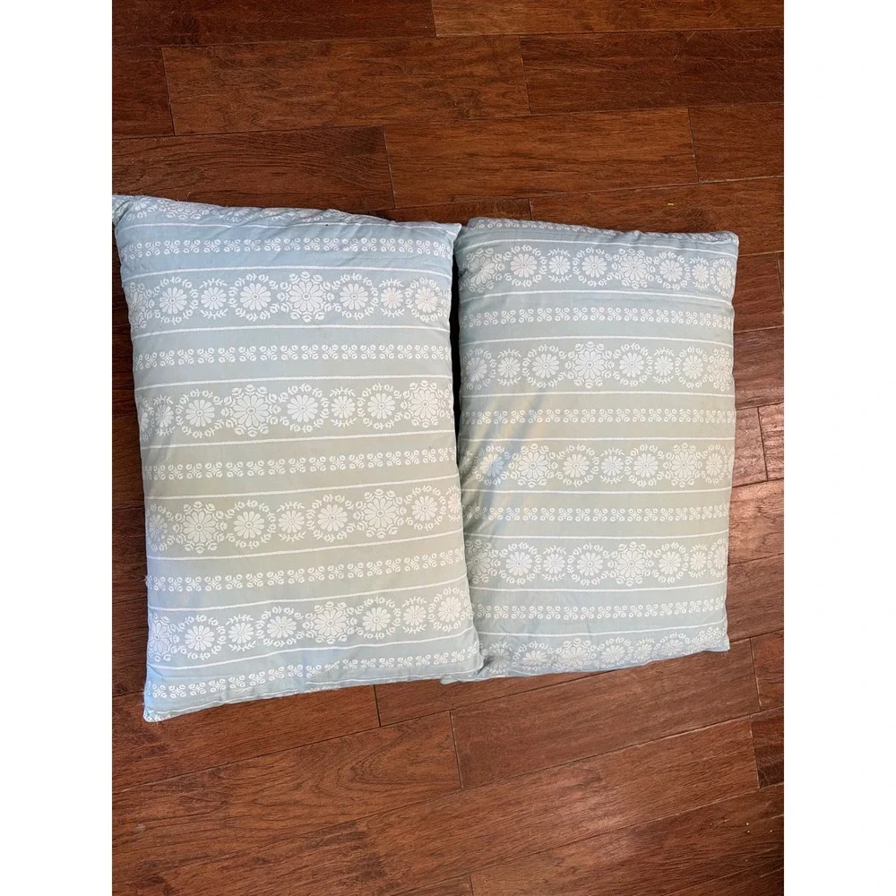 Vintage Harris BluPrint Blue White Floral Stripe Cotton Ticking Pillows Set of 2